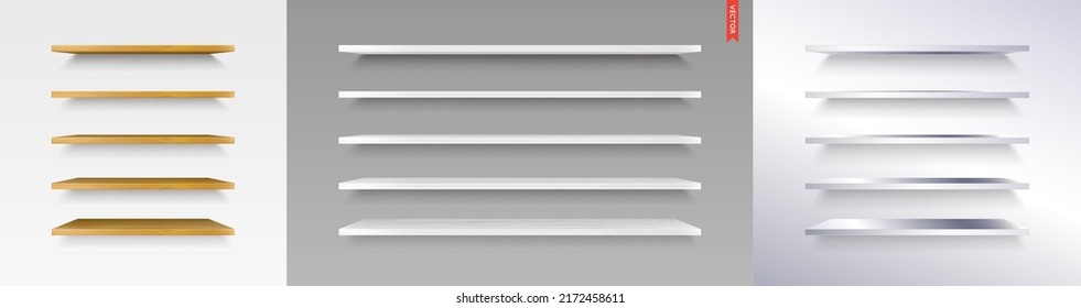 Set of Glass, Wood, Plastic, Metal Shelves. Isolated on the Wall Background.