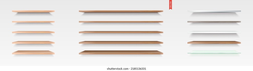 Set of Glass, Wood, Plastic, Metal Shelves. Isolated on the Wall Background.