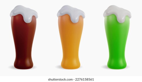 Set glass of yellow, dark and green beer isolated on white background. 3d cartoon vivid illustration in realistic minimal style. Collection bright modern vector graphic element.