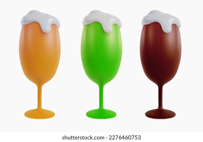 Set glass of yellow, dark and green beer isolated on white background. 3d cartoon vivid illustration in realistic minimal style. Collection bright modern vector graphic element.