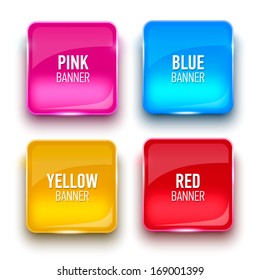 Set of glass yellow, red, pink and blue banners for your design. Vector illustration.