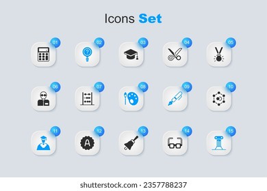 Set Glasses, Abacus, Unknown search, Graduate and graduation cap, Law pillar, Molecule, Calculator and Paint brush with palette icon. Vector