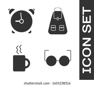 Set Glasses, Alarm clock, Coffee cup and School backpack icon. Vector