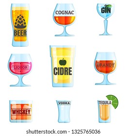 Set of Glasses with Alcohol. Collection of Various Drinks and Glasses with Inscriptions. Beer, Cognac, Gin, Liquor, Cidre, Brandy. Vector Illustration in Flat Design Style isolated on white background