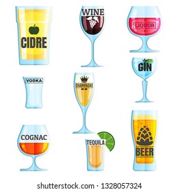 Set of Glasses with Alcohol. Collection of Various Drinks and Glasses with Inscriptions. Cidre, Wine, Liquor,Vodka, Champagne,Gin. Vector Illustration in Flat Design Style isolated on white background