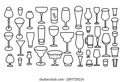 Set of glasses for alcohol drinks. Linear sketch of glassware for wine, beer, cocktails. Doodle illustration for bar, restaurant, cafe, night club.