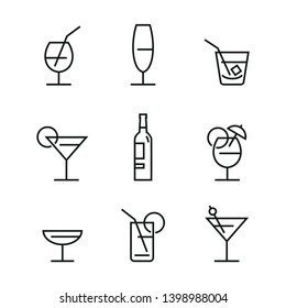 Set of glasses for alcohol and other drinks. Isolated vector icons