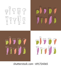 set of glasses for alcoholic beverages are drawn in a rough style