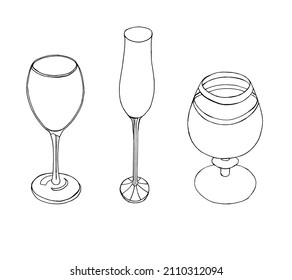 A set of glasses for alcoholic beverages: wine, champagne, brandy. Vector illustration in the style of doodles on a white background.
