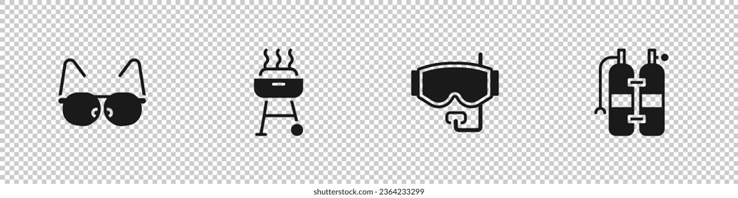 Set Glasses, Barbecue grill, Diving mask and Aqualung icon. Vector