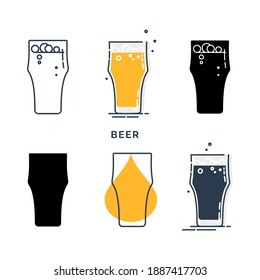 Set of glasses with beer in different styles. Wineglass drinks. Template alcohol beverage for restaurant bar. Symbol party. Collection one drink. Isolated flat illustration on white background. Vector