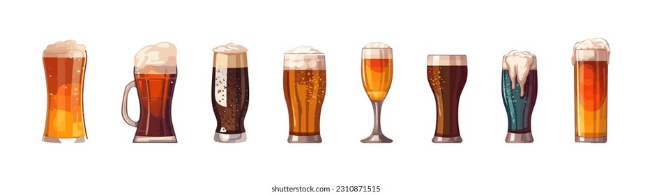 Set of glasses with beer, flat cartoon isolated on white background. Vector illustration