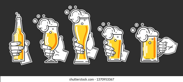 Set of glasses with beer in flat style. Vector illustration.