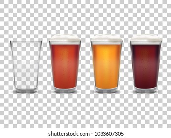 A set of glasses with beer. Four glasses with a light and witty beer. Empty transparent glass.