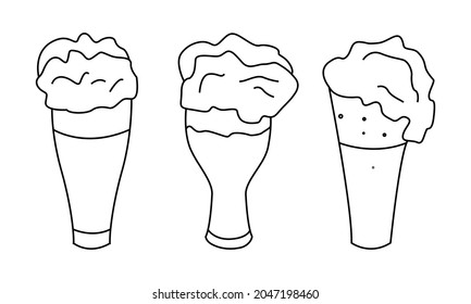 Set. Glasses for beer. Vector illustration in the doodle style. A design element for a poster, map, menu, logo, badge, beer day. Oktoberfest