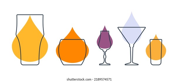 Set glasses with beer, whiskey, liquor, vermouth and rum. Shot glass drinks. Template alcohol beverage for restaurant, bar. Symbol party. Different drinks. Isolated flat illustration on white backdrop