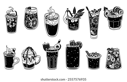 set of glasses with black silhouettes of drinks on white. Isolated contrasting drinks. Silhouettes of glass glasses with cocktails. Soft drinks on a white background. Collection for cafes, restaurants