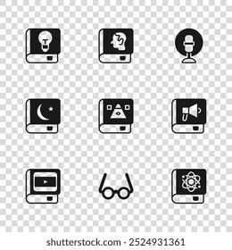 Set Glasses, Book, about physics, Ancient magic book, Microphone, User manual, Law and Holy of Koran icon. Vector