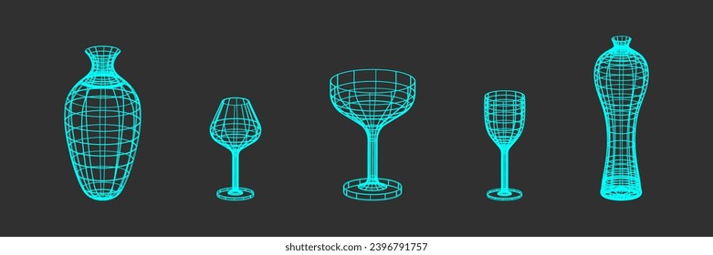 Set of glasses, bottle and vase made of wire frame shapes. Trendy turquoise color on dark background linear retro design elements. 3D. Y2k . Vector illustration for social media or posters.