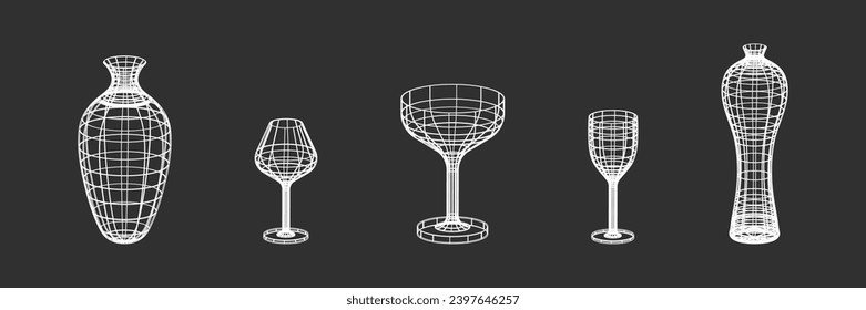 Set of glasses, bottle and vase made of wire frame shapes. White on dark background linear retro design elements. 3D. Y2k . Vector illustration for social media or posters.