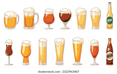 A set of glasses and bottles with beer. Dark and light beer in glasses of different shapes. Festival of light alcoholic beverages. Vector illustration