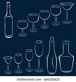 Set of glasses and bottles of different shapes for different drinks and cocktails white silhouette on a dark background