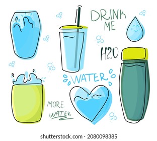 Set of glasses, bottles, flasks with water. A drop of water with a smile. The concept of drinking more water. Only glass, zero waste. Vector illustration in a flat cartoon style hand drawing.