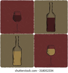 Set of glasses and bottles with red and white wine.