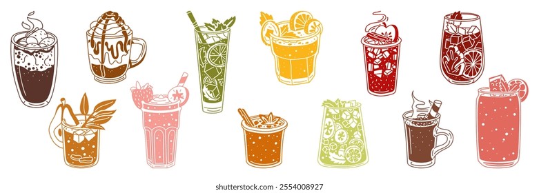 set of glasses with bright drinks on a white background. The texture of juicy drinks. Silhouettes of glass glasses with drinks. Soft drinks on a white background. collection for cafes and restaurants