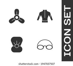 Set Glasses and cap, Boat propeller, turbine, Shell with pearl and Wetsuit icon. Vector