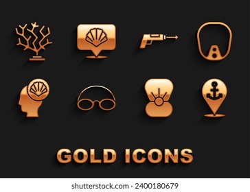 Set Glasses and cap, Diving mask, Location with anchor, Shell pearl, Scallop sea shell, Fishing harpoon, Coral and  icon. Vector