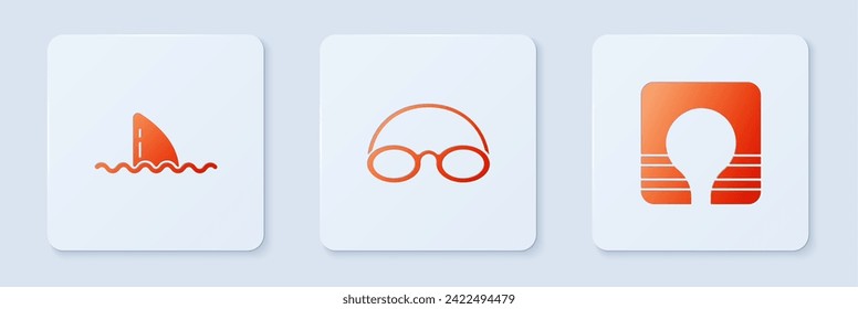 Set Glasses and cap, Shark fin in ocean wave and Life jacket. White square button. Vector