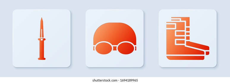 Set Glasses and cap for swimming, Army knife and Boots. White square button. Vector