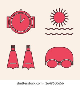 Set Glasses and cap for swimming, Diving watch, Sun and waves and Rubber flippers for swimming icon. Vector