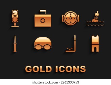 Fijar gafas y gorras para nadar, Boya flotante en el mar, Buceo Wetsuit, Snorkel, Cuchillo del ejército, rosa del viento, Escala de indicadores e icono del kit de primeros auxilios. Vector