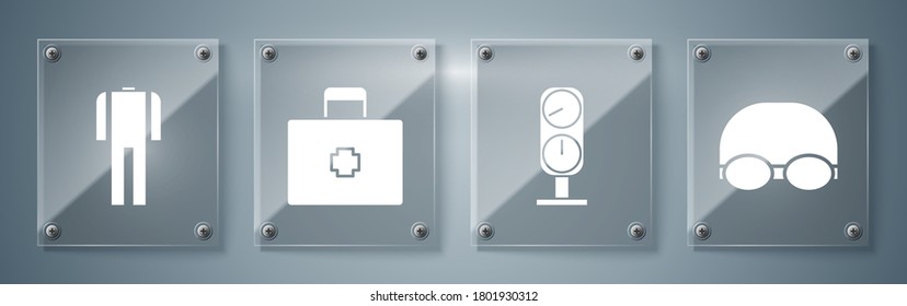Set Glasses and cap for swimming, Gauge scale, First aid kit and Wetsuit for scuba diving. Square glass panels. Vector