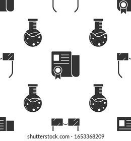 Set Glasses, Certificate template and Test tube and flask chemical laboratory on seamless pattern. Vector