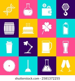 Set Glasses of champagne, beer, Sport bottle with water, Wallet coin, Cake burning candles and Wooden barrel icon. Vector