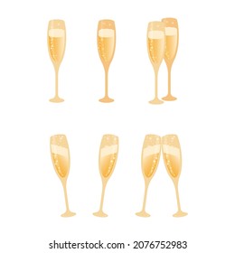 Set of glasses of champagne, isolated on white background. Sparkling wine of golden color in tall transparent glasses, gas bubbles and glow. Vector illustration, realistic color design, eps 10.