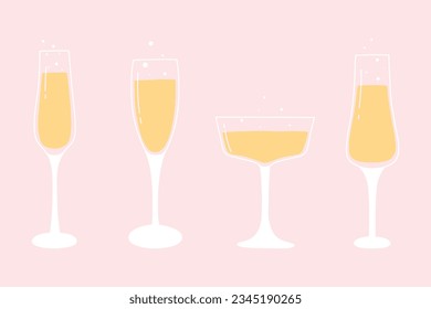 Set of glasses with champagne. Vector illustration. Collection of bubbling glasses of champagne. Flat style.