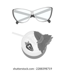 Set of glasses with clear lenses and mojito cocktail with strawberries and mint in grayscale. EPS