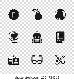 Definir Óculos, Área de Transferência com checklist, Tesoura, Mochila da escola, Globo Terra, Papel de exame respostas incorretas, Pear e ícone. Vetor
