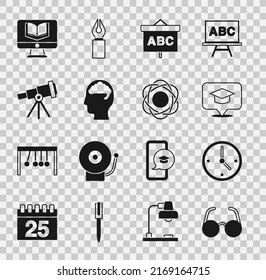 Set Glasses, Clock, Graduation cap in speech bubble, Chalkboard, Human brain, Telescope, Online class and Atom icon. Vector