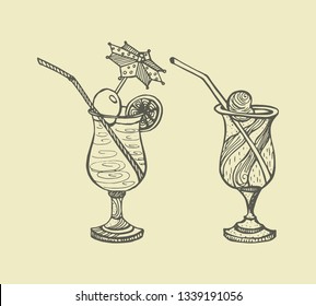 set of glasses with cocktails. Hand-drawn graphic vector illustration on beige background.