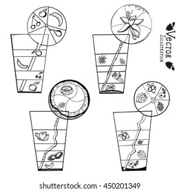 Set of glasses for cocktails and juice. Isolated vector illustration. Black and white graphics. 