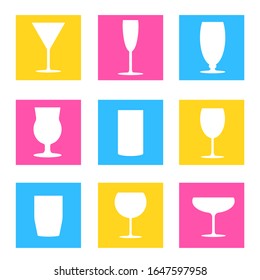 Set of glasses for cocktails. Nine types of glasses. Glasses for a bar, restaurant. Alcohol party. Vector