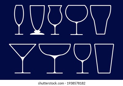 Set Of Glasses Of Coctails, Alcohol Drink, Champagne, Glass Line Vector Icon