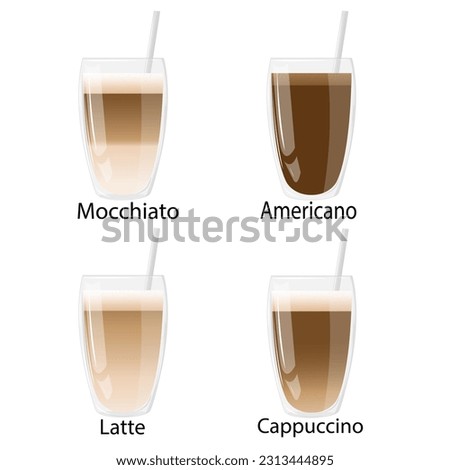 Set glasses with coffee. Great for menu, poster or restaurant background. Americano, Cappuccino, Macchiato, Latte. Robusta, arabica. Vector isolated on white background.