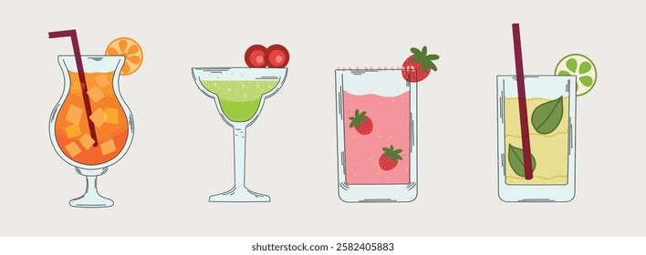 Set glasses with colorful fizzy drinks, garnished with citrus slices, cherries, strawberries, mint leaves, and straws on a light background in retro style.