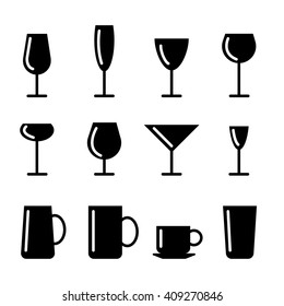 Set of glasses and cups. Black icons isolated on white background. Vector illustration